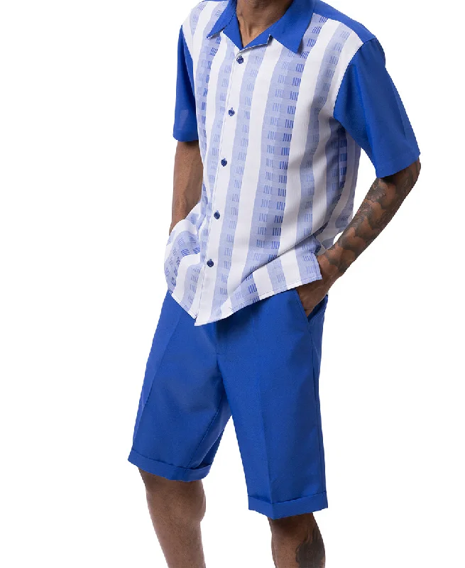 Urban Shirts Royal Blue Color Striped Walking Suit 2 Piece Short Sleeve Set with Shorts