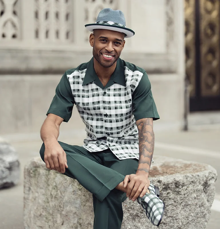 Chunky Sneakers Emerald Shadow Plaid Design Walking Suit 2 Piece Short Sleeve Set