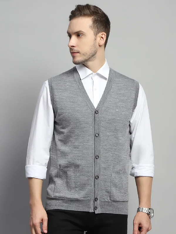 Jogging Jackets Men Grey Solid V Neck Sleeveless Cardigan