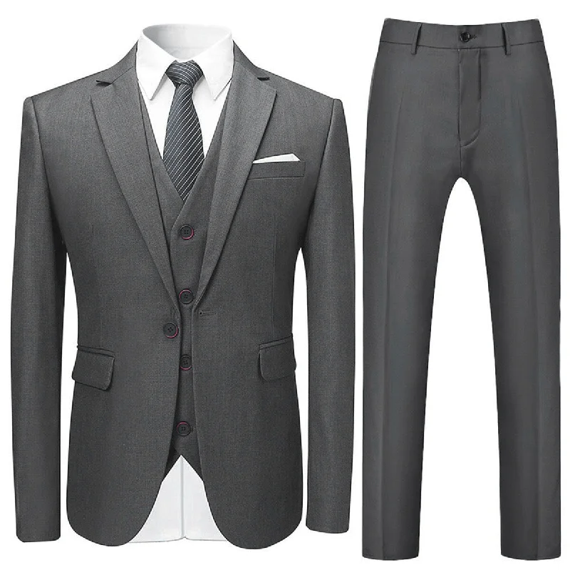 Military Jackets 3-Piece Slim Fit Solid Grey Smart Wedding Formal Suit