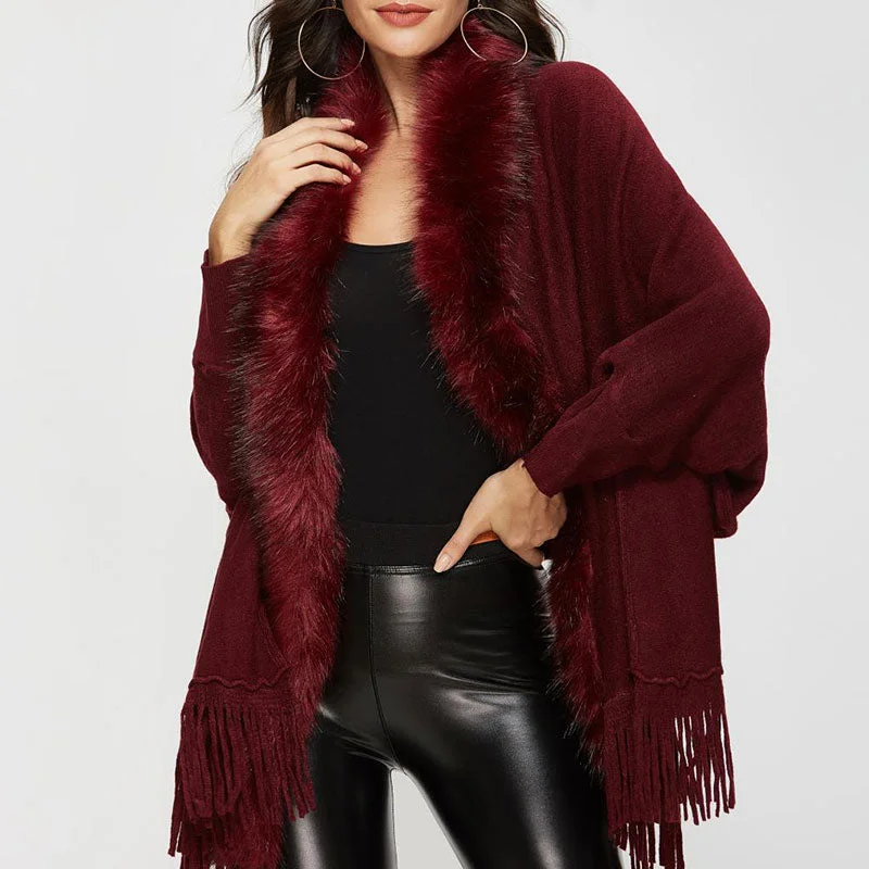 Warm Jackets Elegant Faux Fur Shawl Collar Dolman Sleeve Open Front Fringe Knit Cardigan