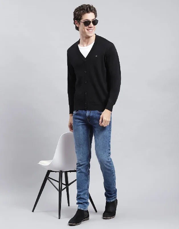 Long Trench Coats Men Black Solid V Neck Full Sleeve Cardigan