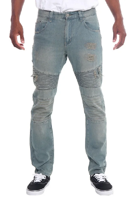 Classic Leather Ripped Slim Fit Moto Style Jeans