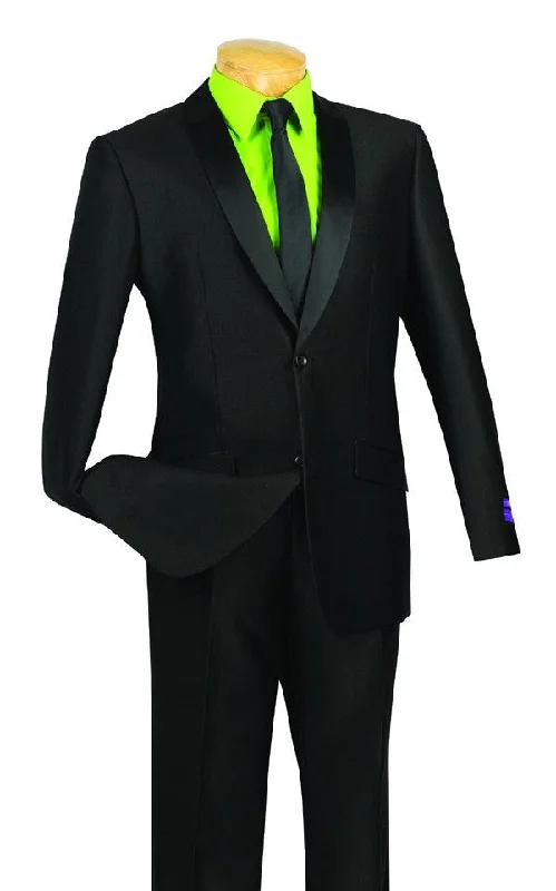 Layered Jackets Slim Fit Shiny Sharkskin Men's 2 Piece Suit in Black