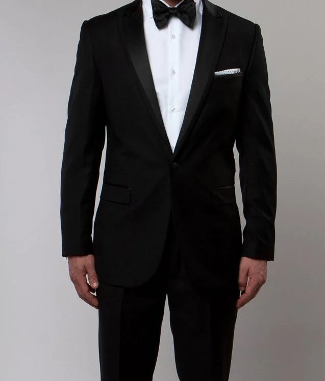 Button-down Shirts Black Slim Fit 2 Piece Tuxedo With Satin Peak Lapel