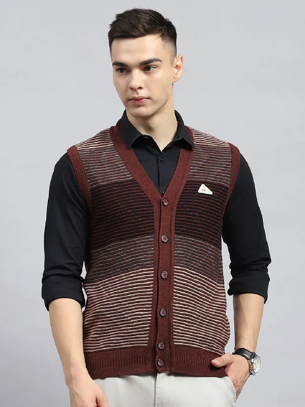 Wool Sweaters Men Rust Stripe V Neck Sleeveless Cardigan