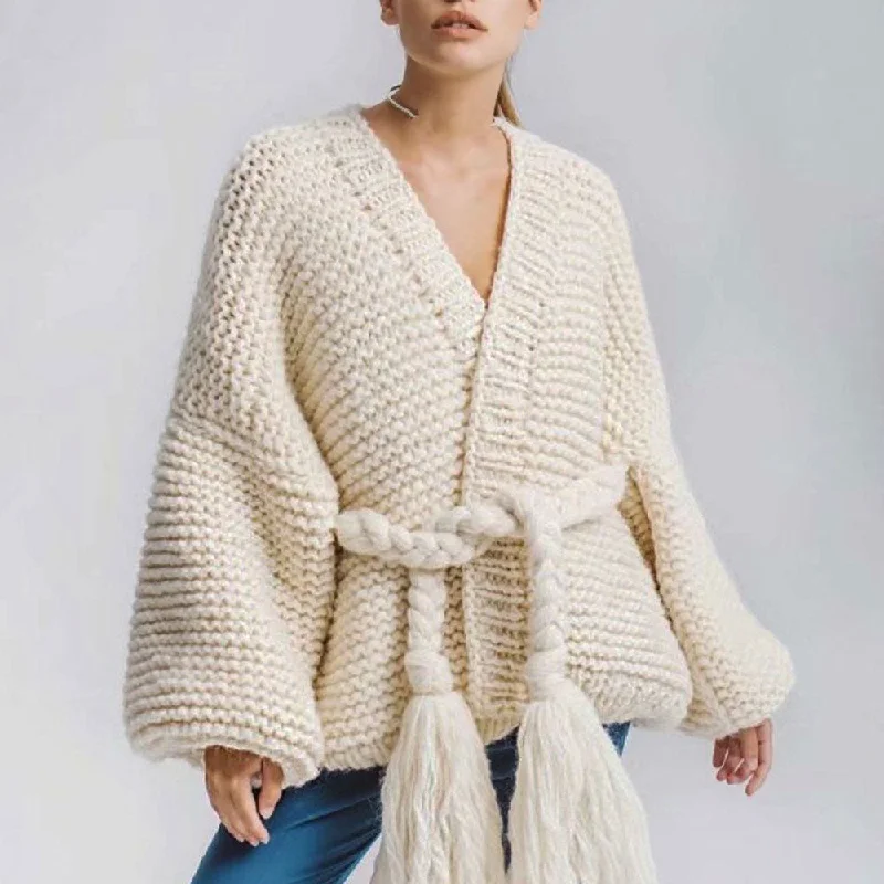 Trendy Outerwear Cozy Puff Sleeve Woven Belted Hand Knit Chunky Yarn Crochet Cardigan