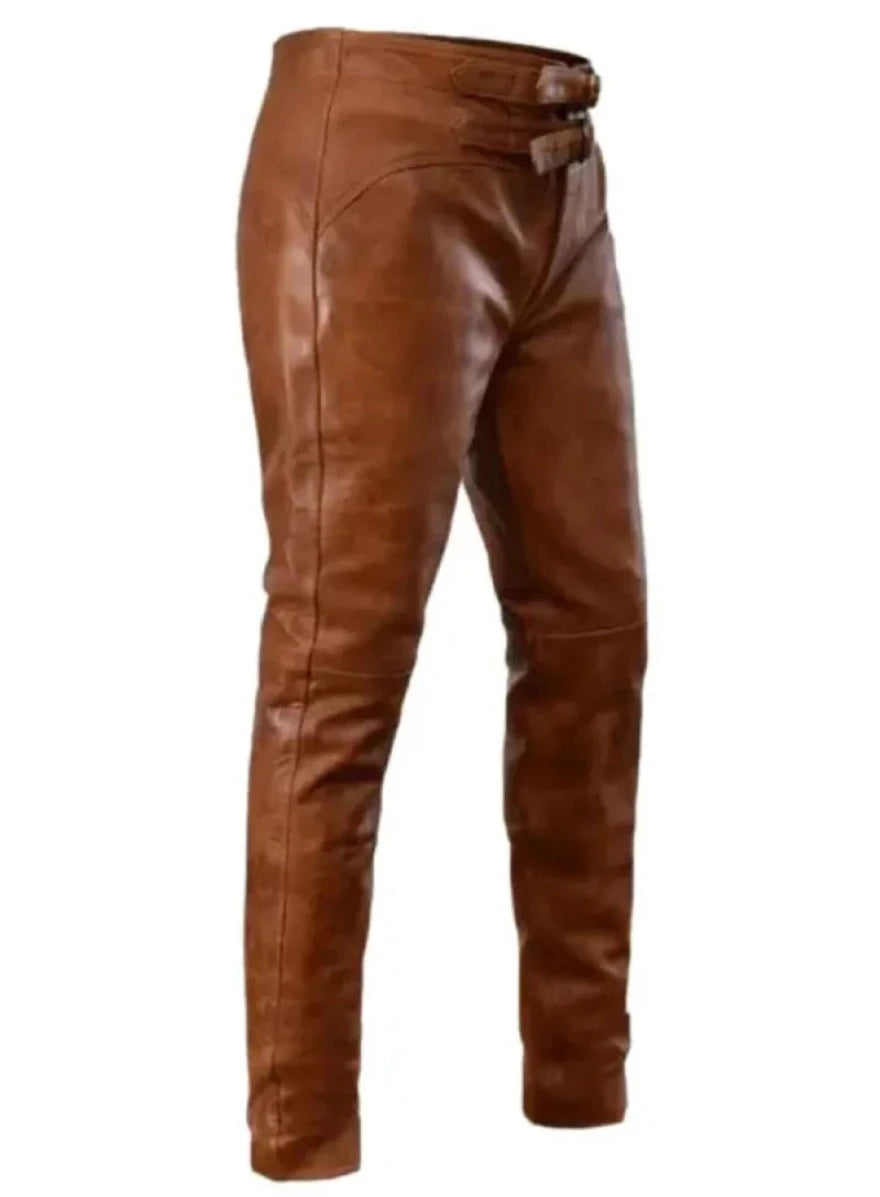 Sporty Look Dark Brown Leather Pants