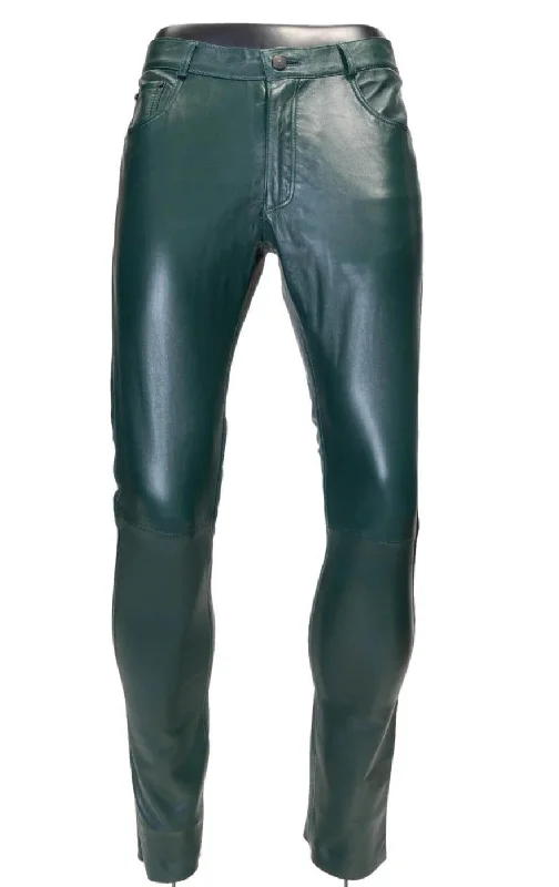 Casual Chinos Mens Green Leather Pants