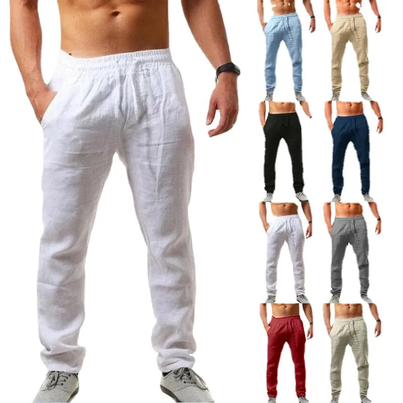 Modern Backpacks Men's New  Fashion  Casual Sport Pants Elastic Waist Cotton and Linen Solid Color Trousers