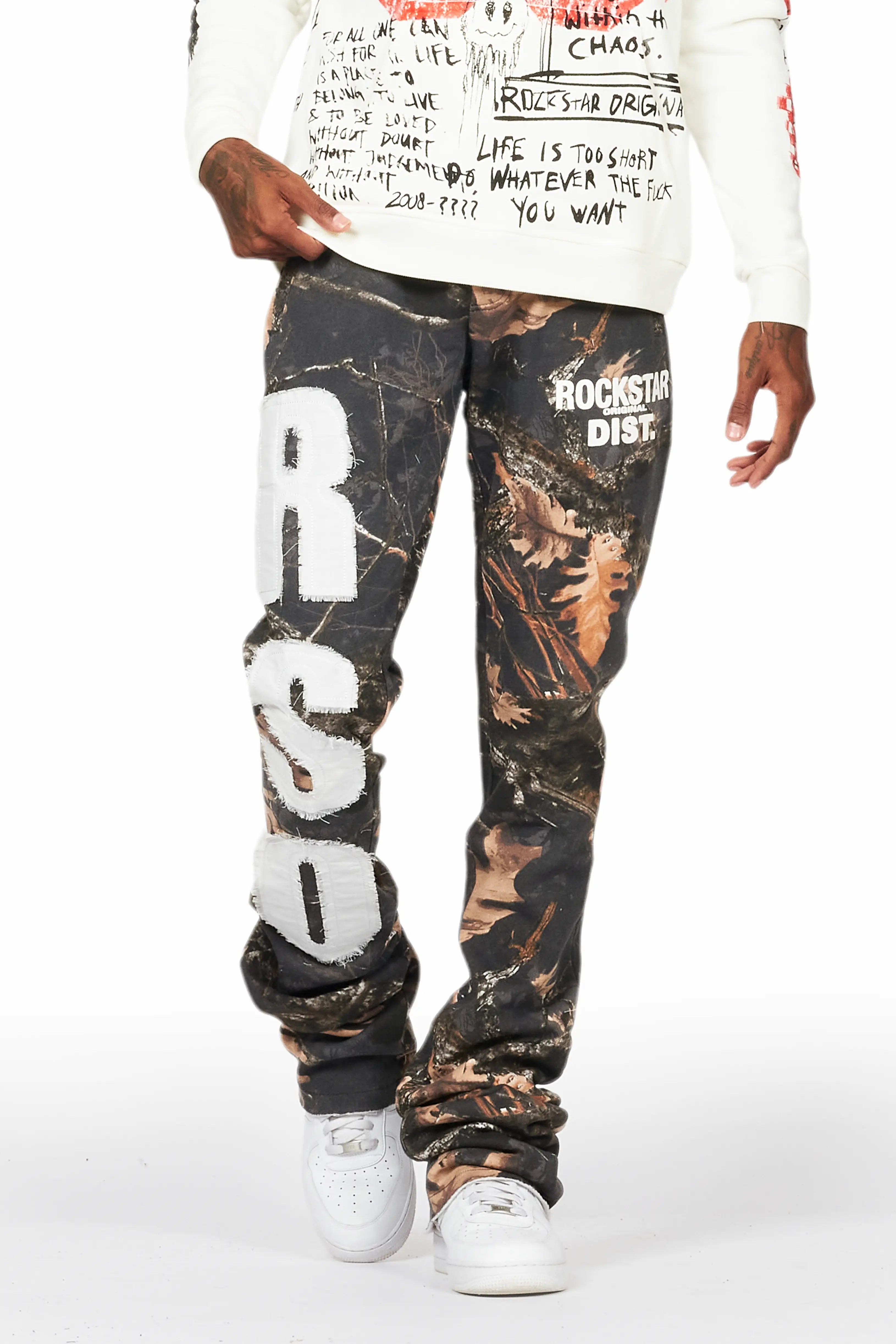 Lounge Wear Bansi Black Tree Camo Super Stacked Trackpant