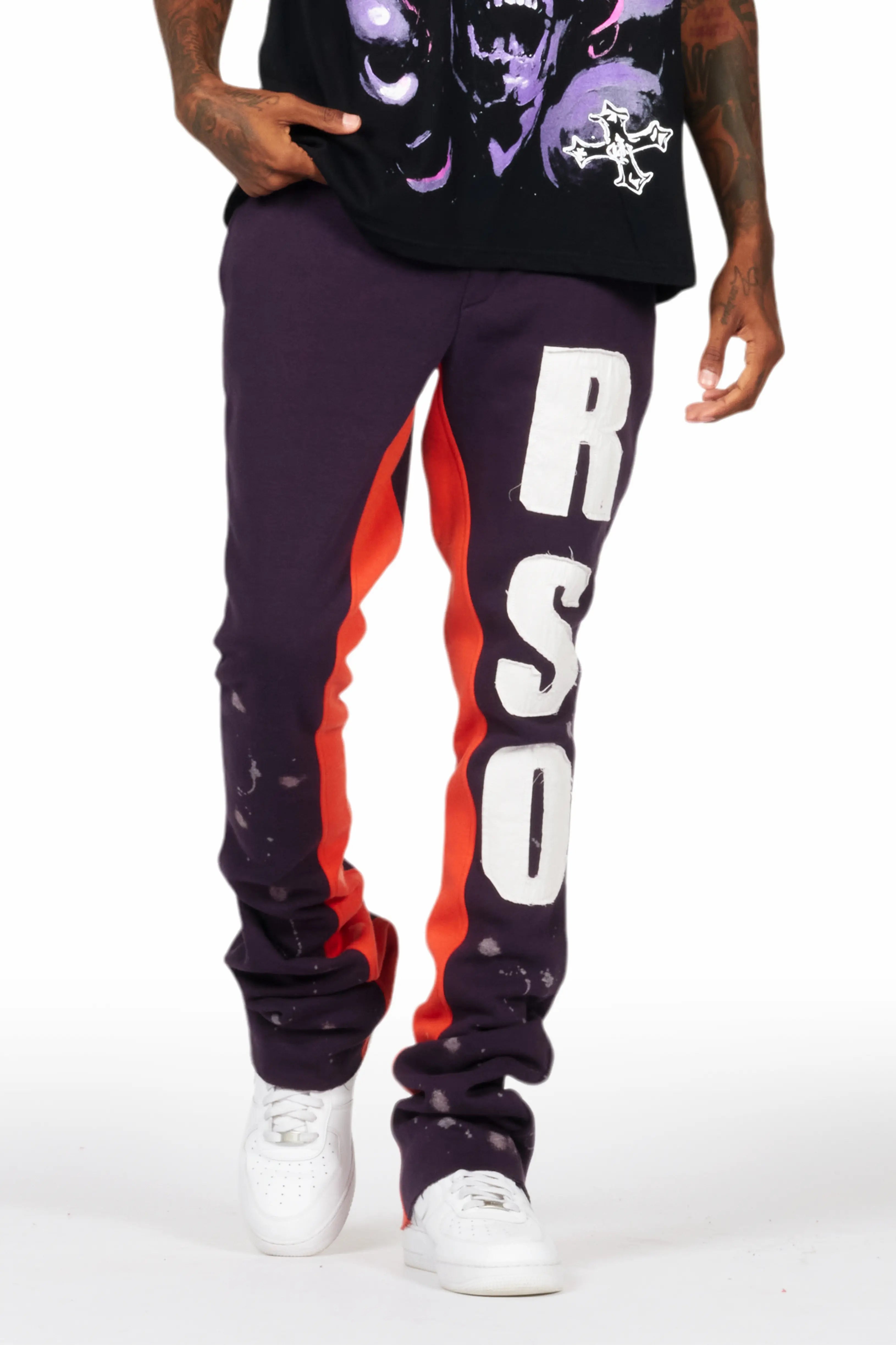 Sporty Look Uko Purple Patchwork Stacked Flare Track Pant