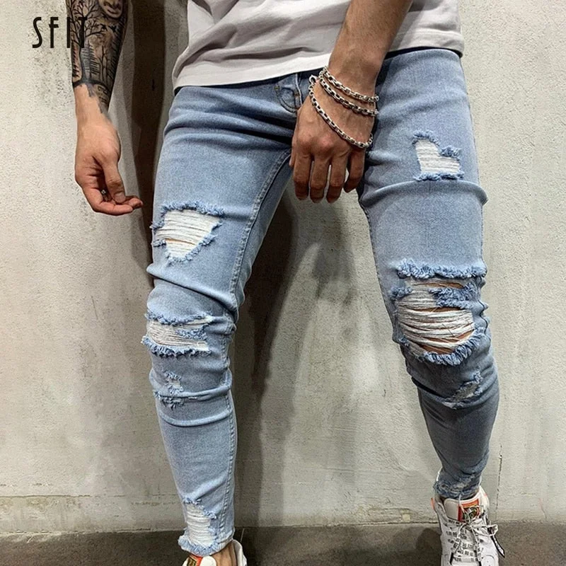 Chunky Sneakers SFIT NEW Men Stretchy Ripped Skinny Biker Embroidery Print Slim Fit Jeans Destroyed Hole Taped Denim Scratched High Quality Jean