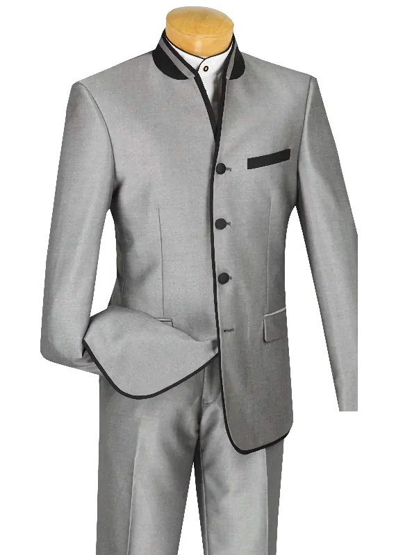 Slim-fit Trousers Banded Collar Slim Fit Suit Shiny Sharkskin 2 Piece Gray