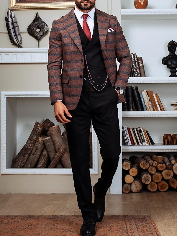 Warm Jackets Brown Plaid Slim-Fit Suit 3-Piece