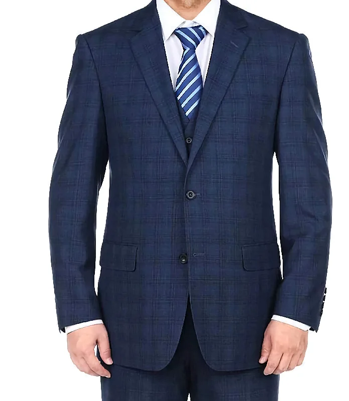 Bright Shirts 3 Piece Suit 2 Buttons Blue Glen Plaid Regular Fit