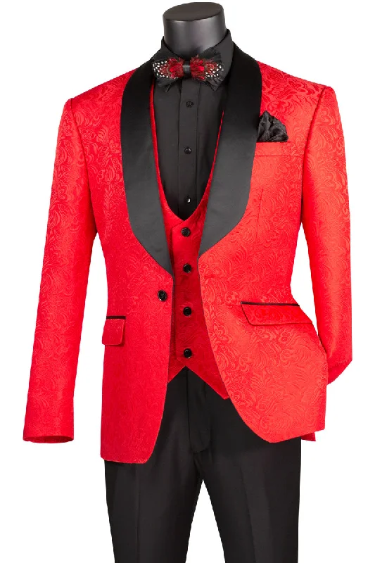 Stylish Comfort Red Slim Fit 3 pcs Jacquard Fabric Single Button Vested Fashion Tuxedo Solid Black Pants