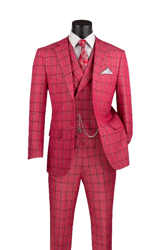 Designer Footwear Diamond Collection Modern Fit Windowpane Suit 3 Piece in Raspberry