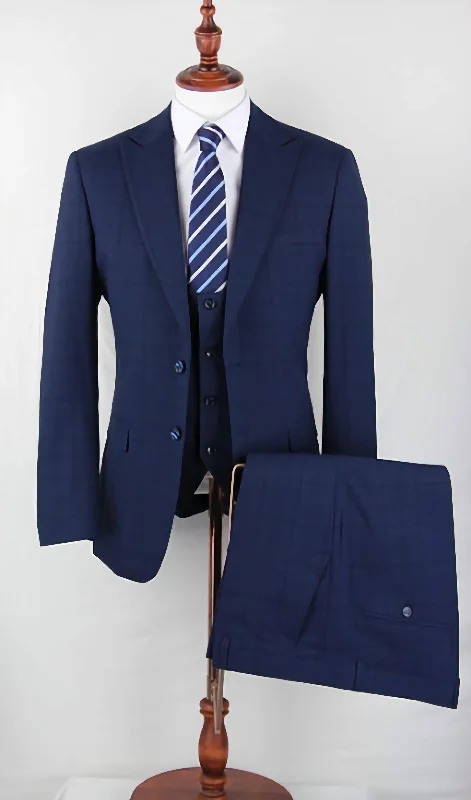 Luxury Comfort Slim Fit 3 Piece Suit Navy Plaid Pattern Matching Pants