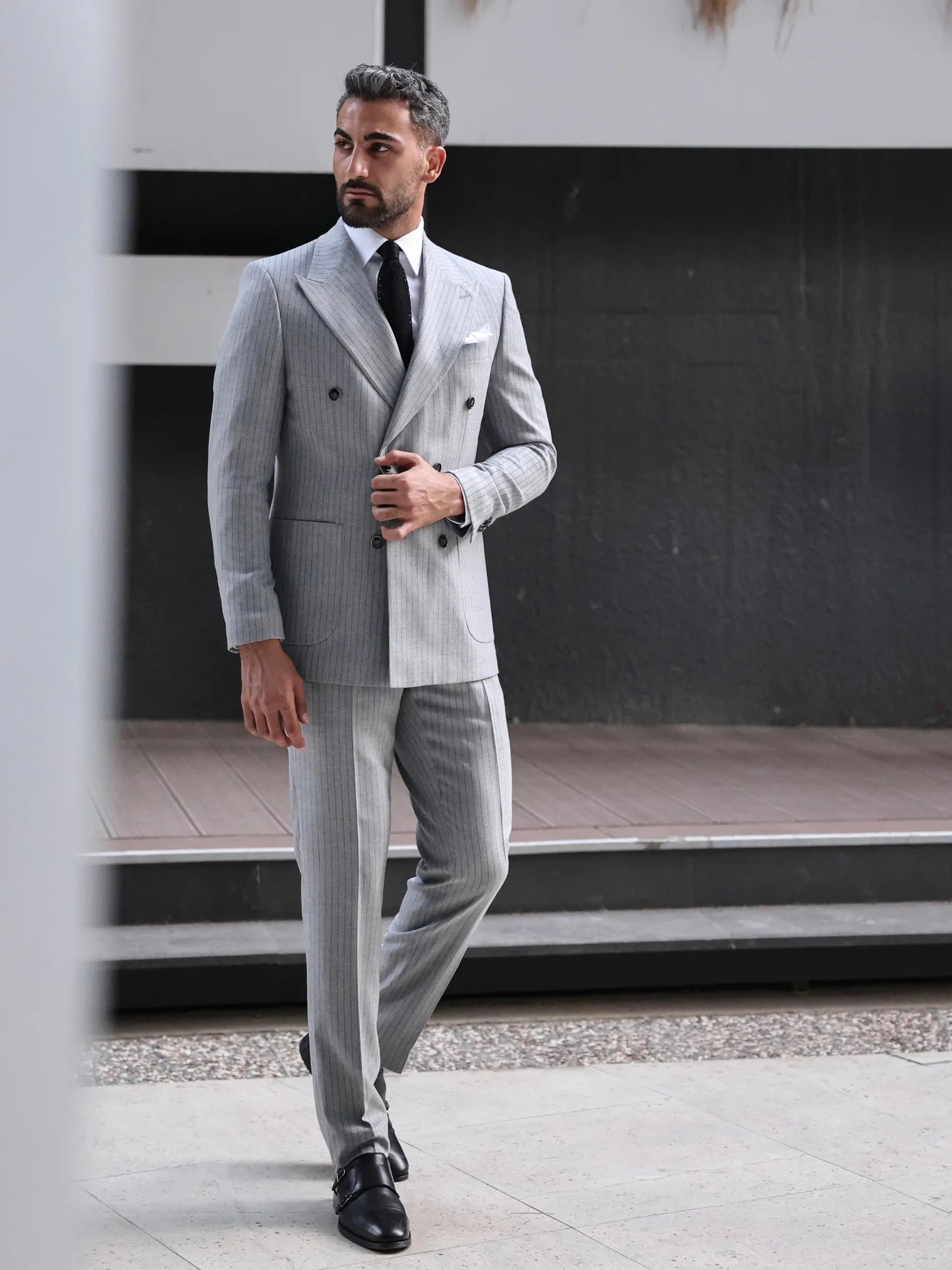 Stylish Polos Grey Striped Double Breasted Suit 2-Piece