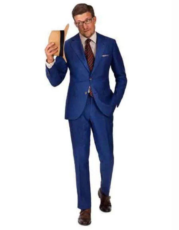 Printed Pants Linen Suit - Mens Summer Suits Intense Blue Color - Beach Wedding