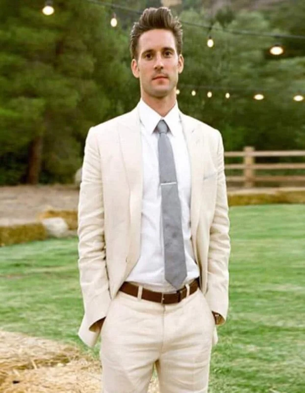 Sporty Jackets Linen Suit - Mens Summer Suits Ivory Cream Off White  Color - Beach Wedding