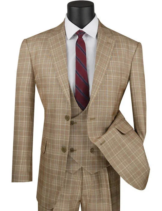 Casual Hoodies Mens 2 Button Vested Peak Lapel Plaid Windowpane Suit in Camel