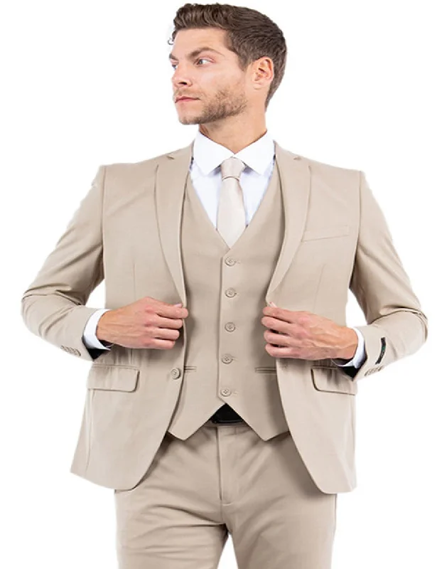 Long Trench Coats Men's One Button Vested Slim Fit Business & Wedding Suit in Tan