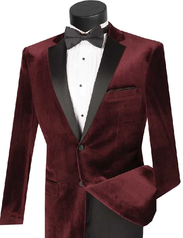 Long Trench Coats Men's Slim Fit Velvet Tuxedo 2 Piece in Wine