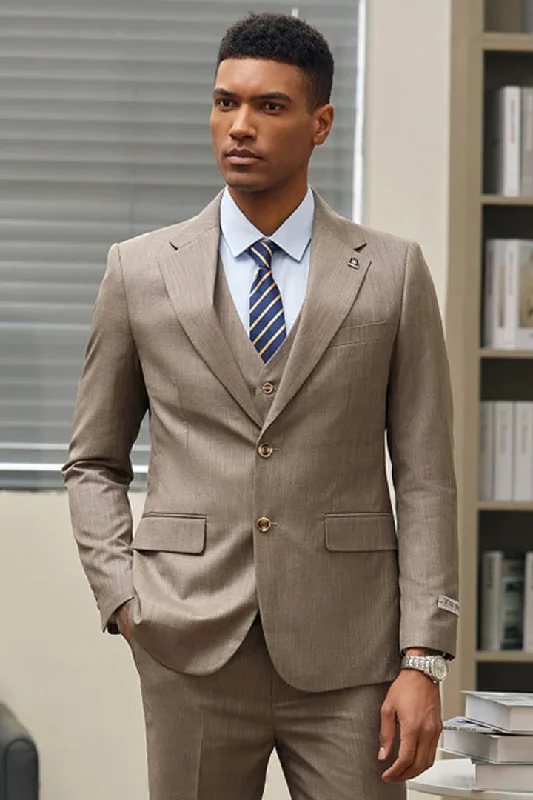 Urban Shirts Men's Stacy Adam's Two Button Vested Sharkskin Business Suit in Dark Tan