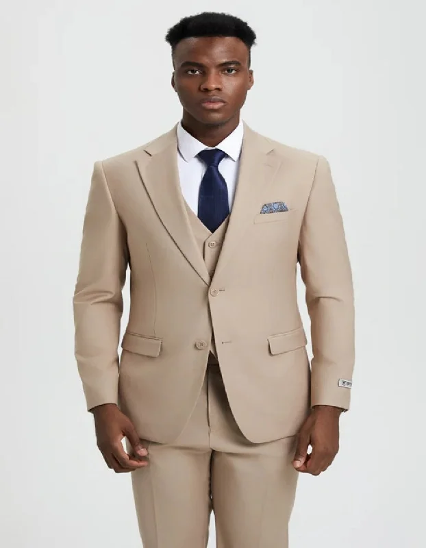 Street Tees Men's Two Button Vested Stacy Adams Basic Designer Suit in Tan