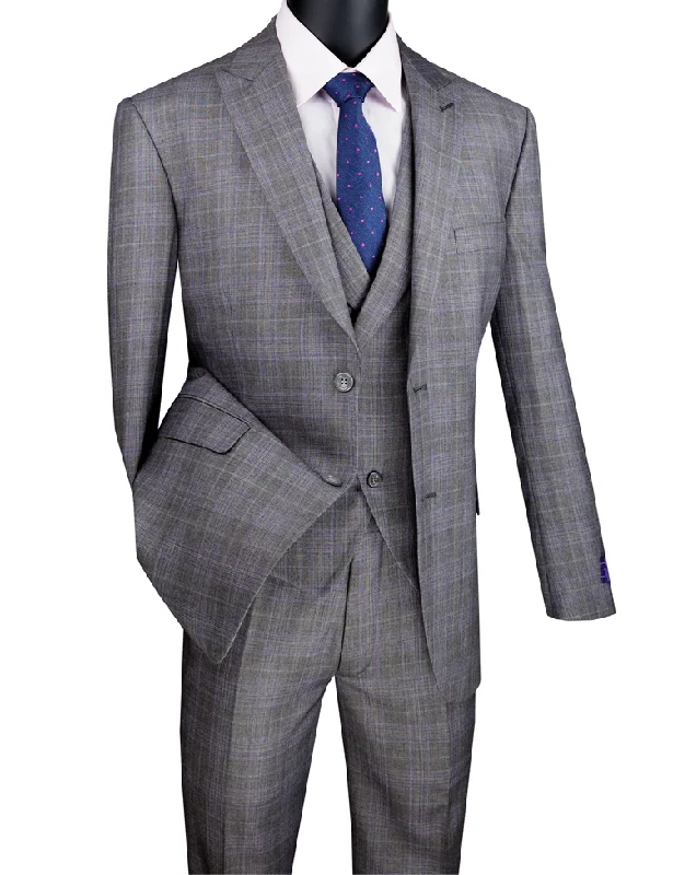 Preppy Pants Modern Fit Windowpane Suit 3 Piece in  Grey