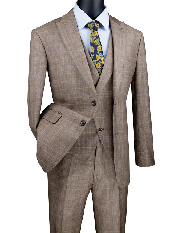 Leather Sneakers Modern Fit Windowpane Suit 3 Piece in  Tan