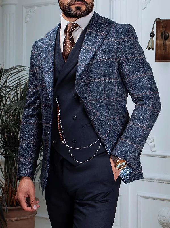 Wool Sweaters Navy Plaid Slim-Fit Suit 3-Piece