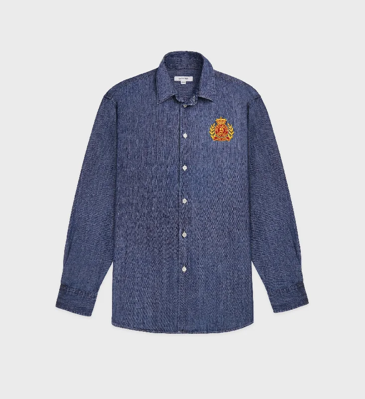 Lounge Wear NY Crest Oversized Denim Shirt - Blue Denim