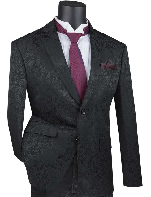 Relaxed Fit Slim Fit  Paisley Suit 2 Piece Black