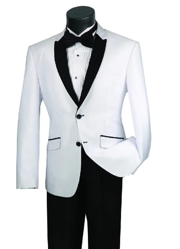 Techwear Fashion Slim Fit Shiny Sharkskin Men's 2 Piece Suit in White With Black Lapel