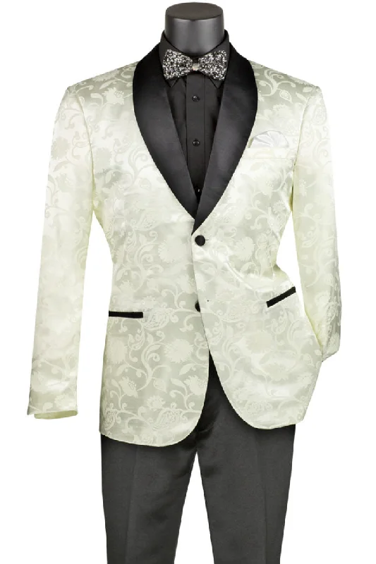 Comfortable Pants Slim Fit Silky Jacquard Fabric Sport Coat Single Breasted 2 Buttons with Bow Tie Ivory