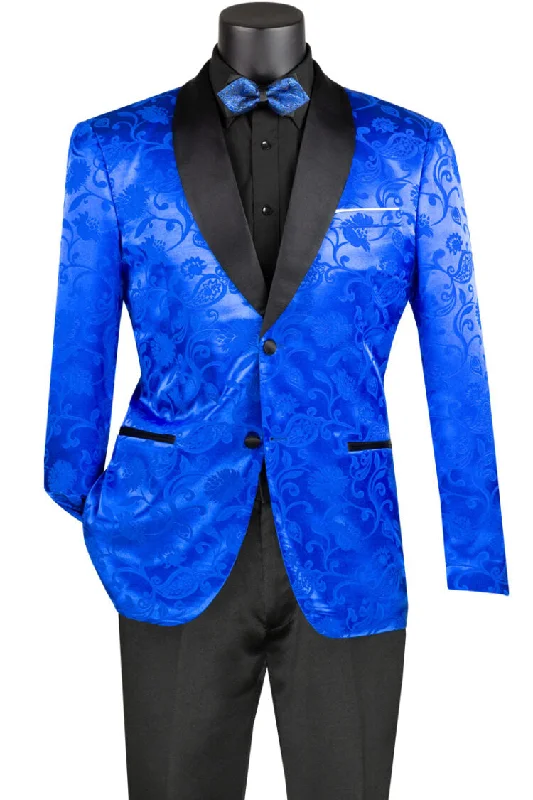 Parkas Style Slim Fit Silky Jacquard Fabric Sport Coat Single Breasted 2 Buttons with Bow Tie Royal