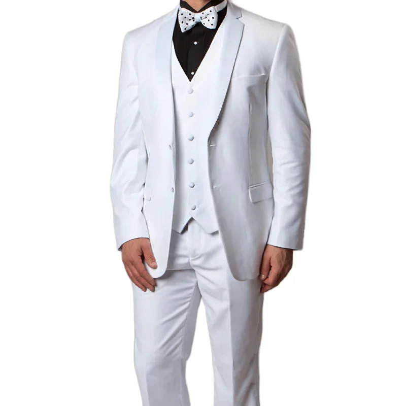 Trendy Joggers Solid White Modern Fit Tuxedo 3 Piece with 6 Button Vest