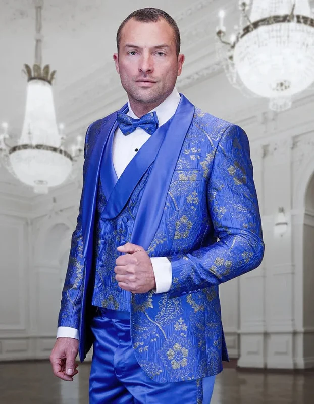 Streetwear Look Statement Men's Royal Blue Patterned Vested Tuxedo with Bowtie