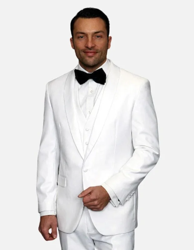 Street Hoodies Statement Men's White with White Lapel Vested 100% Wool Tuxedo