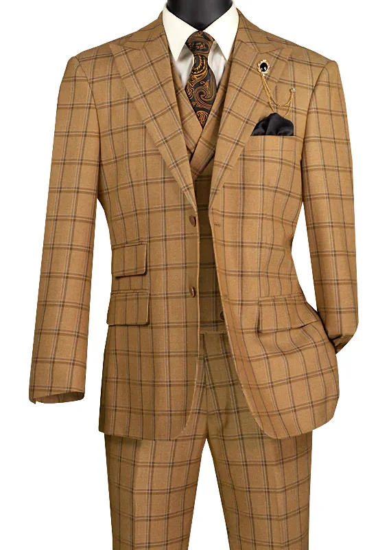 Sporty Jackets Tessori Collection - Modern Fit Windowpane Suit 3 Piece in Camel