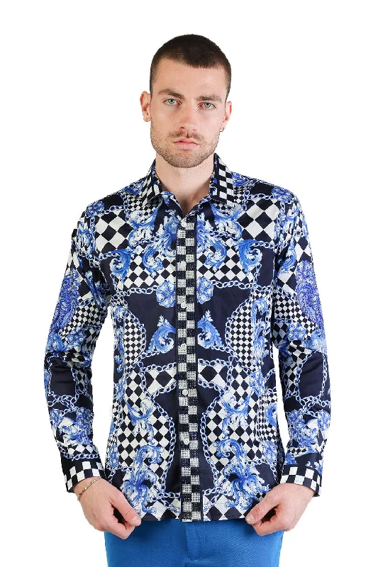 Button-down Shirts Baroque Checker Rhinestone Long Sleeve Shirt