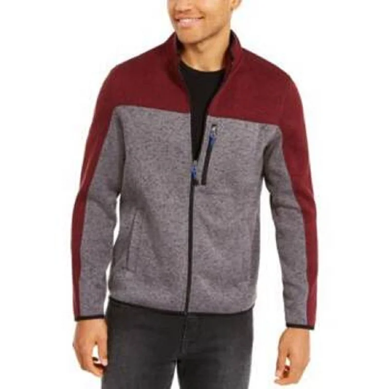 Classic Leather Club Room Men's Regular-Fit Colorblocked Full-Zip Fleece Sweater Wine Size 2 Extra Large