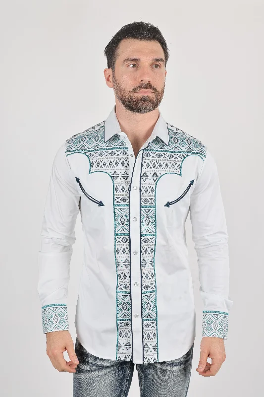 Casual Chic Mens Modern Fit Stretch Multi-Color Aztec Embroidery Shirt