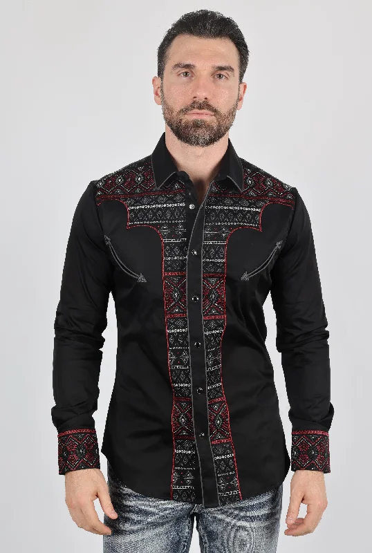 Preppy Pants Mens Modern Fit Stretch Multi-Color Aztec Embroidery Shirt